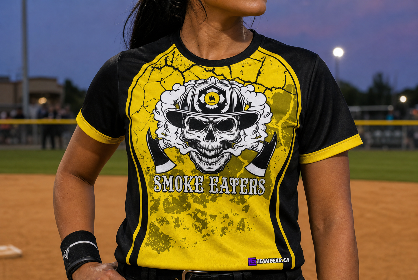 Smoke Eaters Yellow Softball Jersey — custom softball jersey worn on model — TeamGear Canada