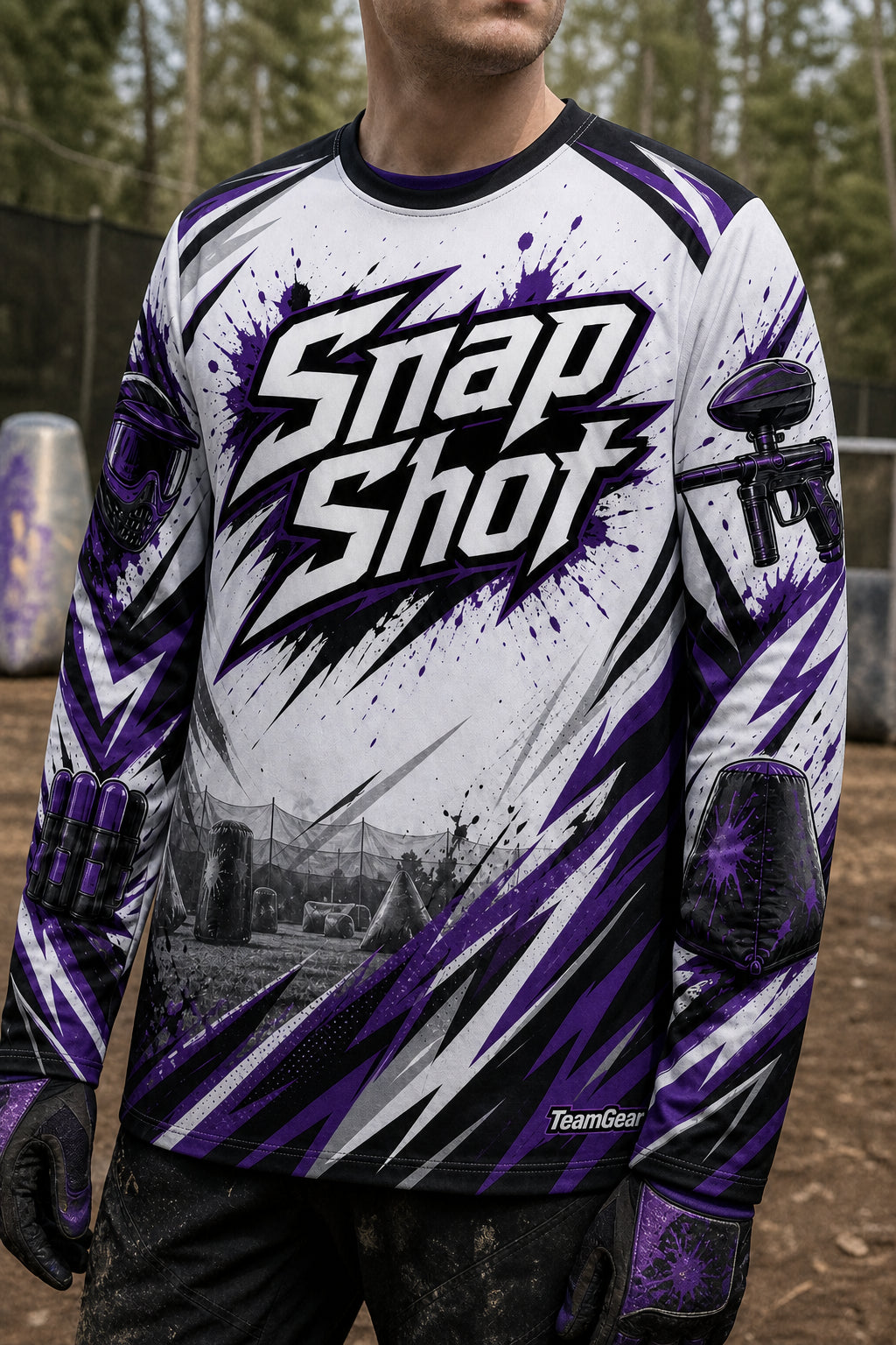 Snap Shot White Long Sleeve Paintball Jersey — custom paintball jersey worn on model — TeamGear Canada
