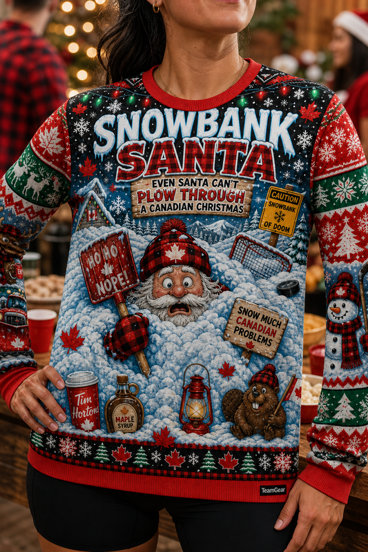 Snowbank Santa Ugly Christmas Sweater — custom christmas team apparel worn on model — TeamGear Canada