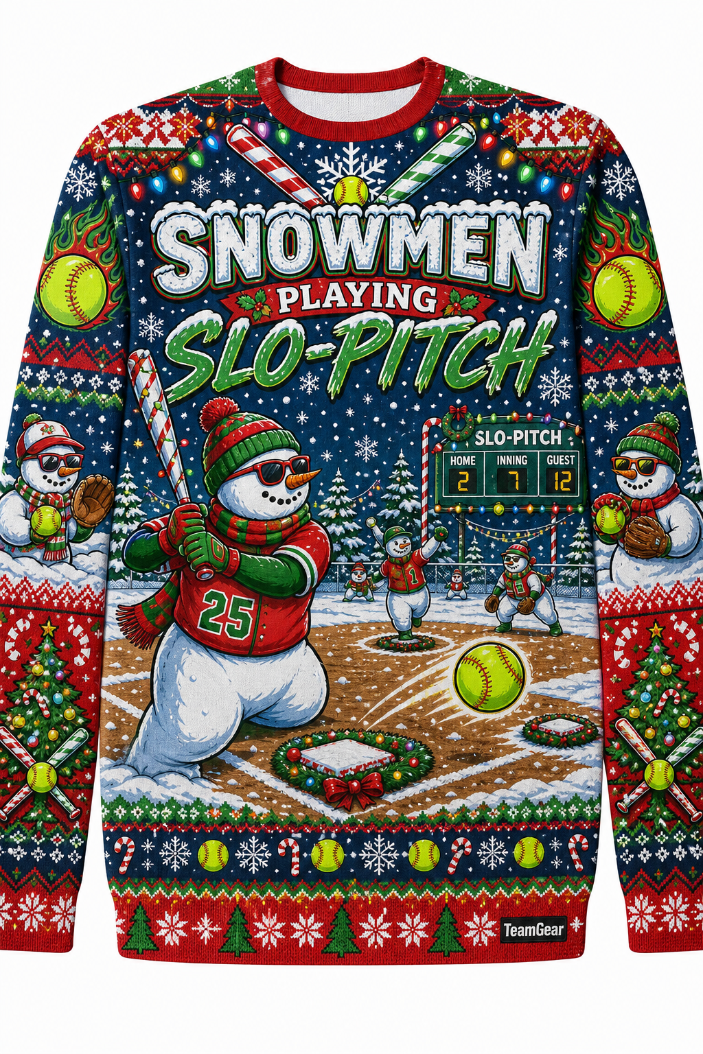 Snowmen Playing Slo-Pitch Ugly Christmas Sweater design