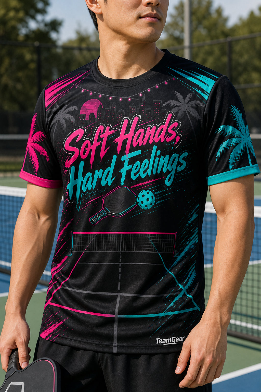 Soft Hands, Hard Feelings Black Pickleball Jersey — custom pickleball jersey worn on model — TeamGear Canada