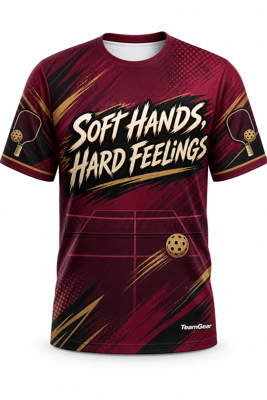 Soft Hands, Hard Feelings Maroon Pickleball Jersey - front and back view