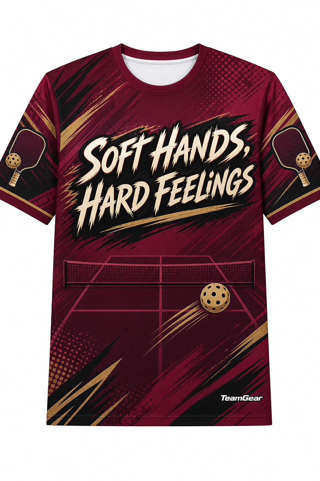 Soft Hands, Hard Feelings Maroon Pickleball Jersey with name and number