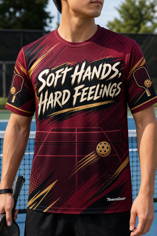 Soft Hands, Hard Feelings Maroon Pickleball Jersey — custom pickleball jersey worn on model — TeamGear Canada