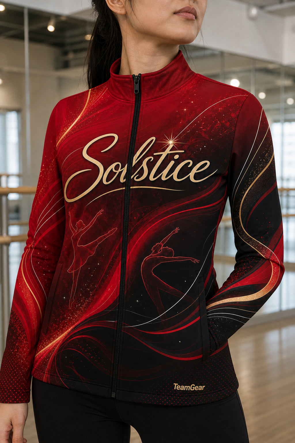 Solstice Red Dance Jacket — custom dance jacket worn on model — TeamGear Canada