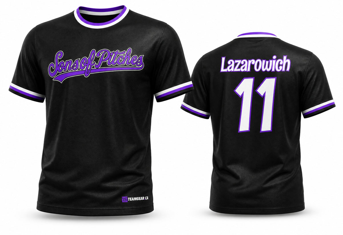 Sons of Pitches Black Softball Jersey - front and back view
