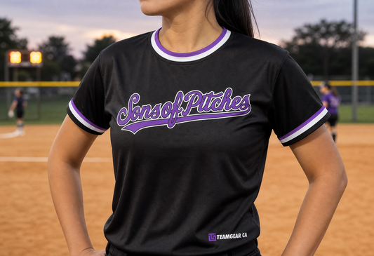 Sons of Pitches Black Softball Jersey — custom softball jersey worn on model — TeamGear Canada
