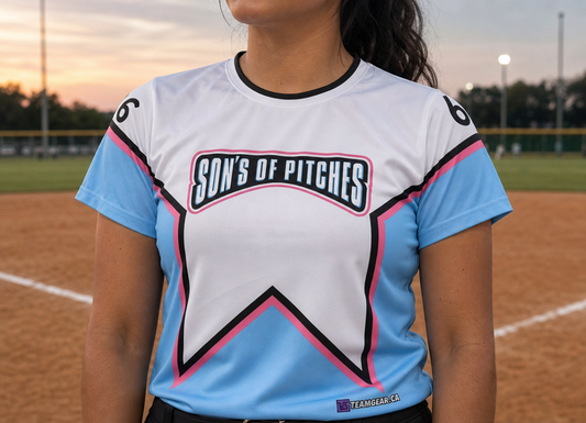 Son's of Pitches Blue Softball Jersey — custom softball jersey worn on model — TeamGear Canada