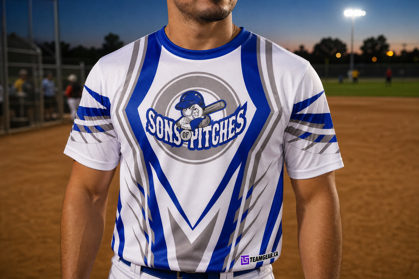 Sons of Pitches White Softball Jersey — custom softball jersey worn on model — TeamGear Canada
