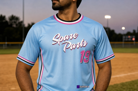 Spare Parts Blue Softball Jersey — custom softball jersey worn on model — TeamGear Canada