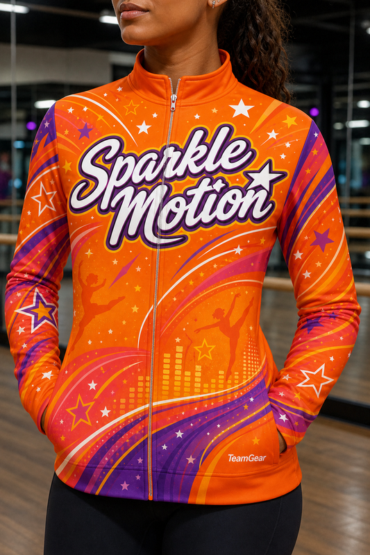 Sparkle Motion Orange Dance Jacket — custom dance jacket worn on model — TeamGear Canada