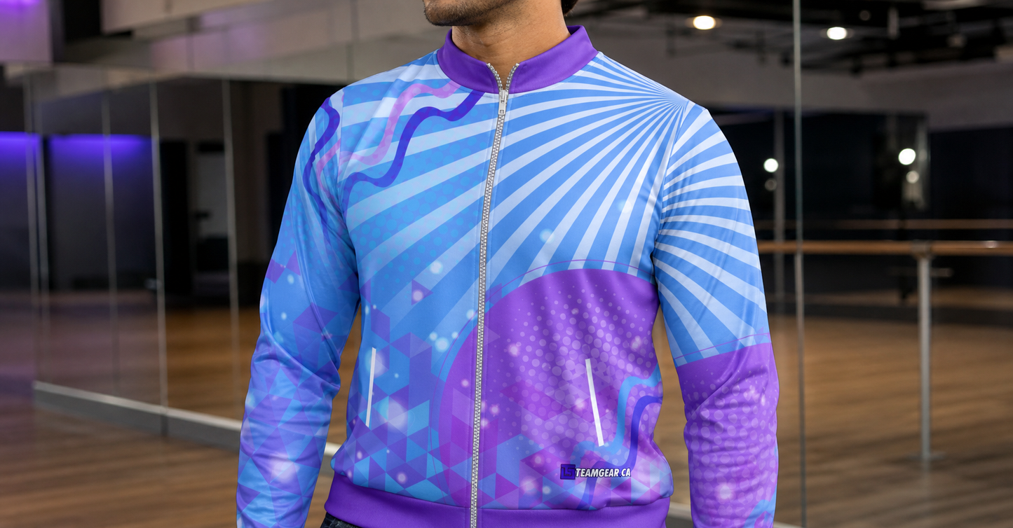 Sparkly Blue Dance Jacket — custom dance jacket worn on model — TeamGear Canada