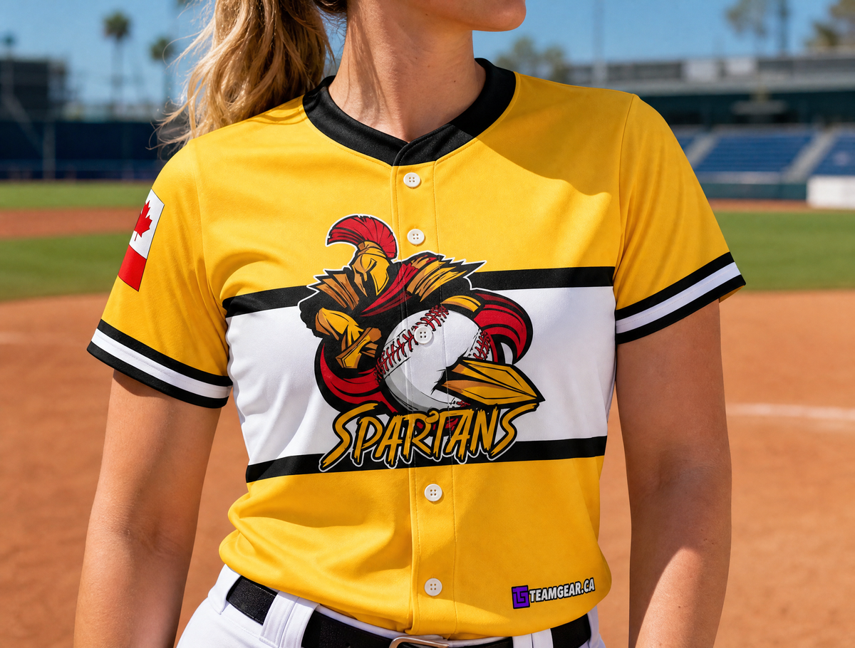 Spartans Yellow Baseball Jersey Full Button — custom baseball jersey worn on model — TeamGear Canada