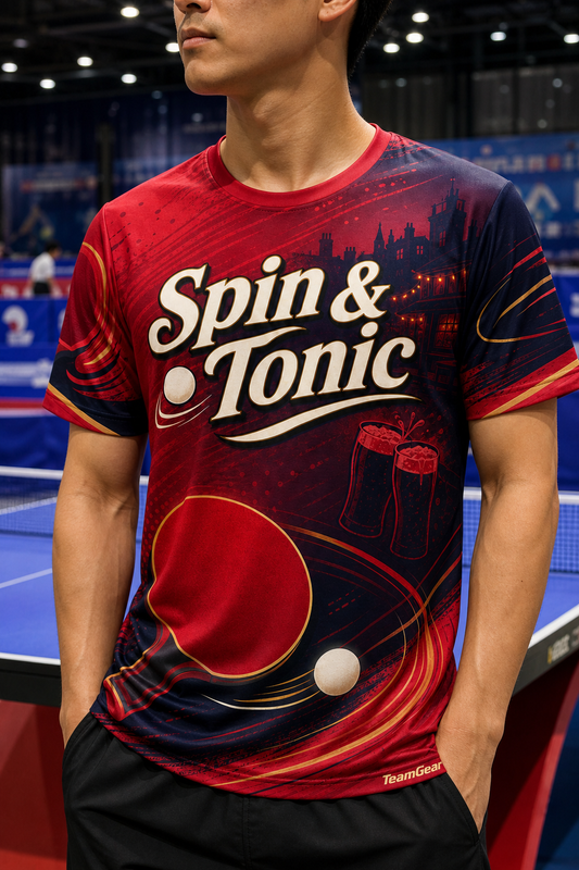 Spin & Tonic Crimson Table Tennis Jersey — custom table tennis jersey worn on model — TeamGear Canada