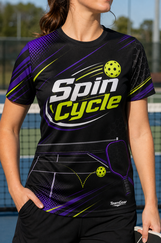 Spin Cycle Black Pickleball Jersey — custom pickleball jersey worn on model — TeamGear Canada