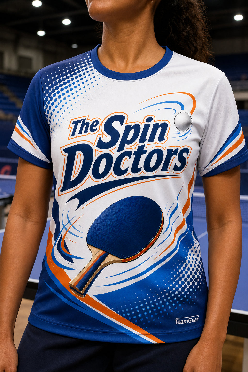 The Spin Doctors White Table Tennis Jersey — custom table tennis jersey worn on model — TeamGear Canada