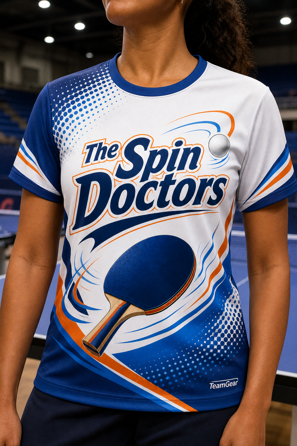 The Spin Doctors White Table Tennis Jersey — custom table tennis jersey worn on model — TeamGear Canada