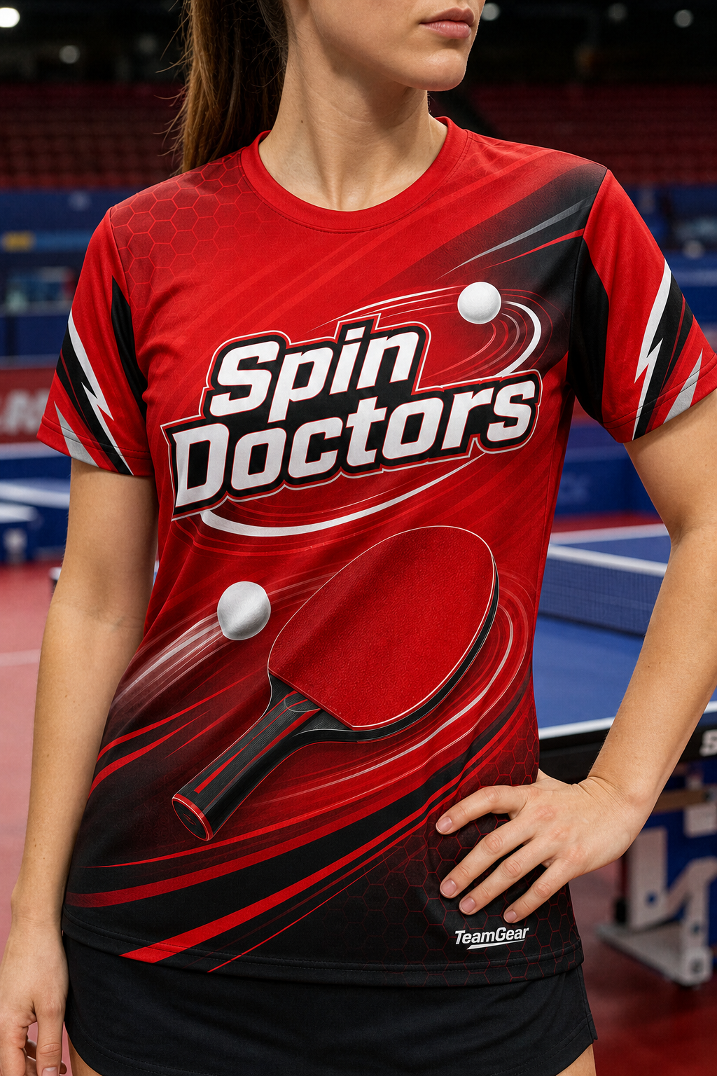 Spin Doctors Red Table Tennis Jersey — custom table tennis jersey worn on model — TeamGear Canada