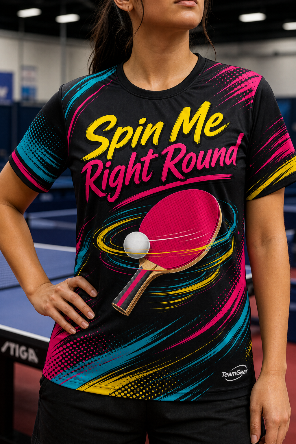 Spin Me Right Round Black Table Tennis Jersey — custom table tennis jersey worn on model — TeamGear Canada