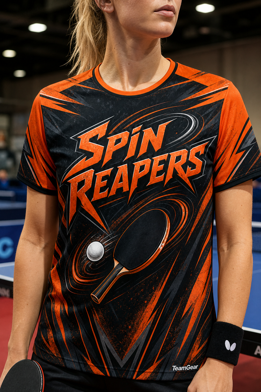 Spin Reapers Orange Table Tennis Jersey — custom table tennis jersey worn on model — TeamGear Canada