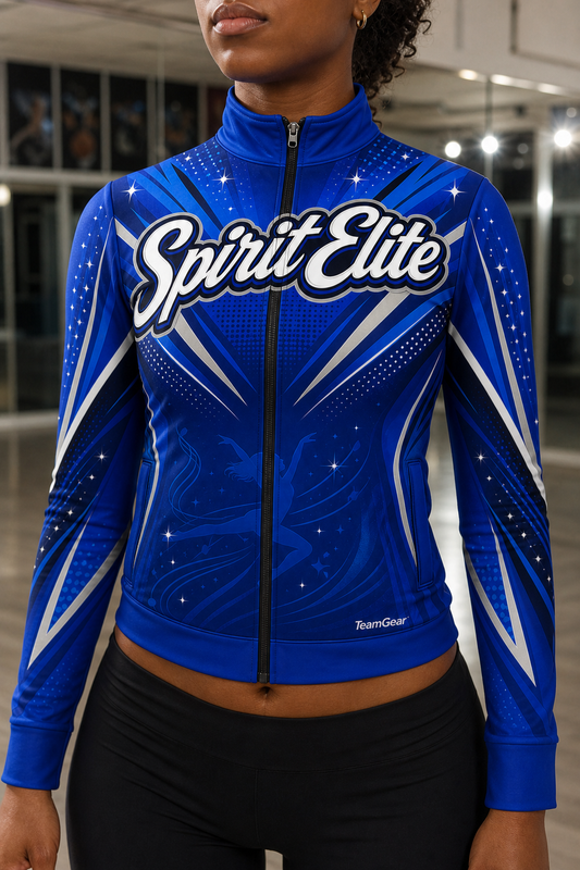 Spirit Elite Blue Dance Jacket — custom dance jacket worn on model — TeamGear Canada