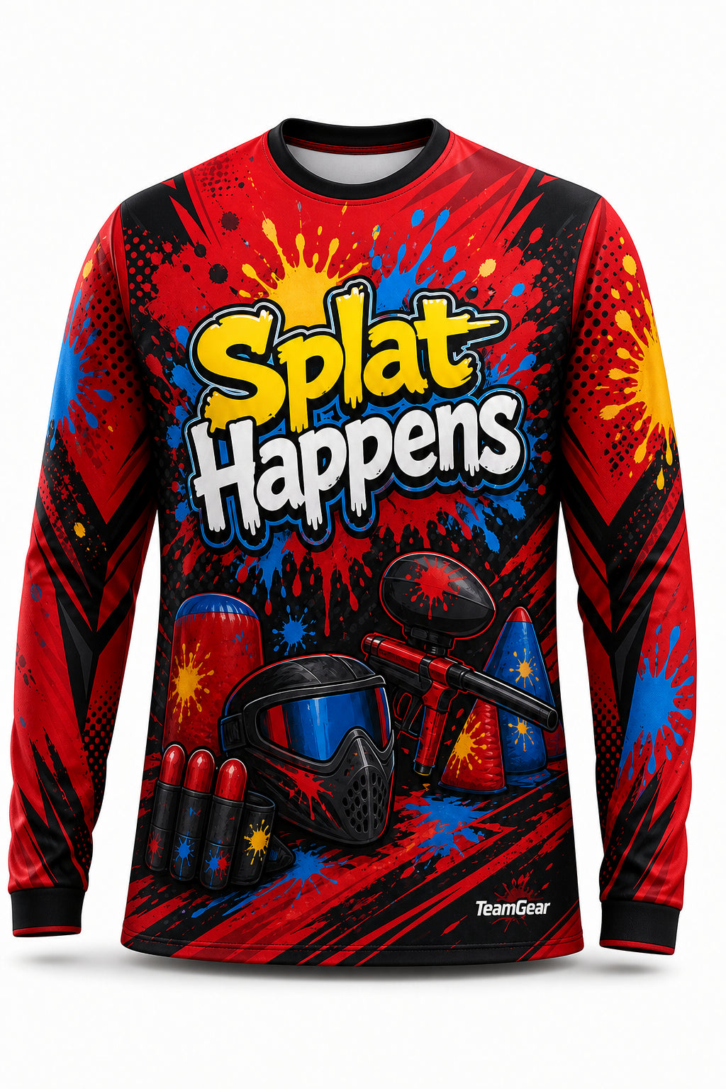 Splat Happens Red Long Sleeve Paintball Jersey - front and back view