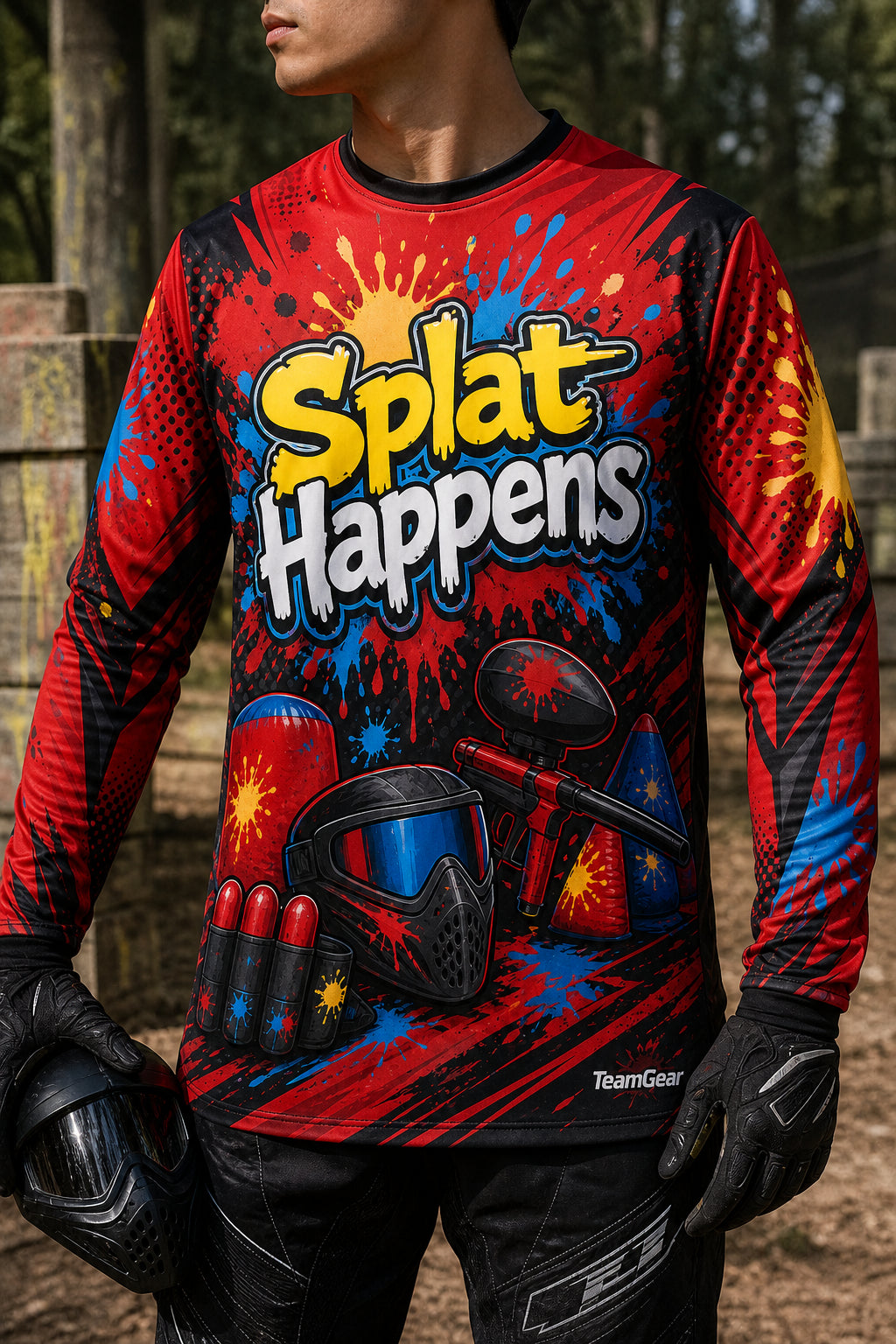 Splat Happens Red Long Sleeve Paintball Jersey — custom paintball jersey worn on model — TeamGear Canada