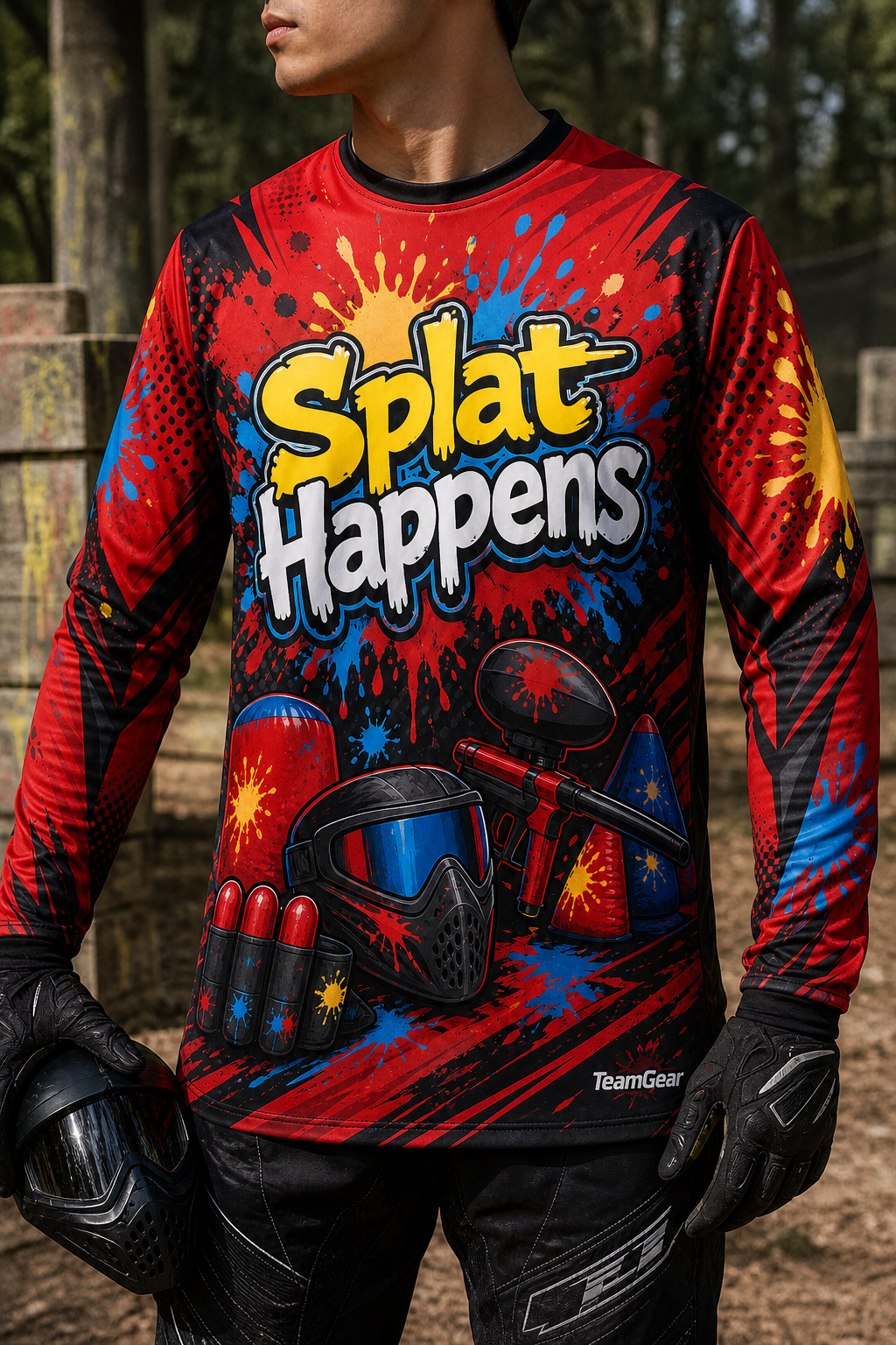Splat Happens Red Long Sleeve Paintball Jersey — custom paintball jersey worn on model — TeamGear Canada