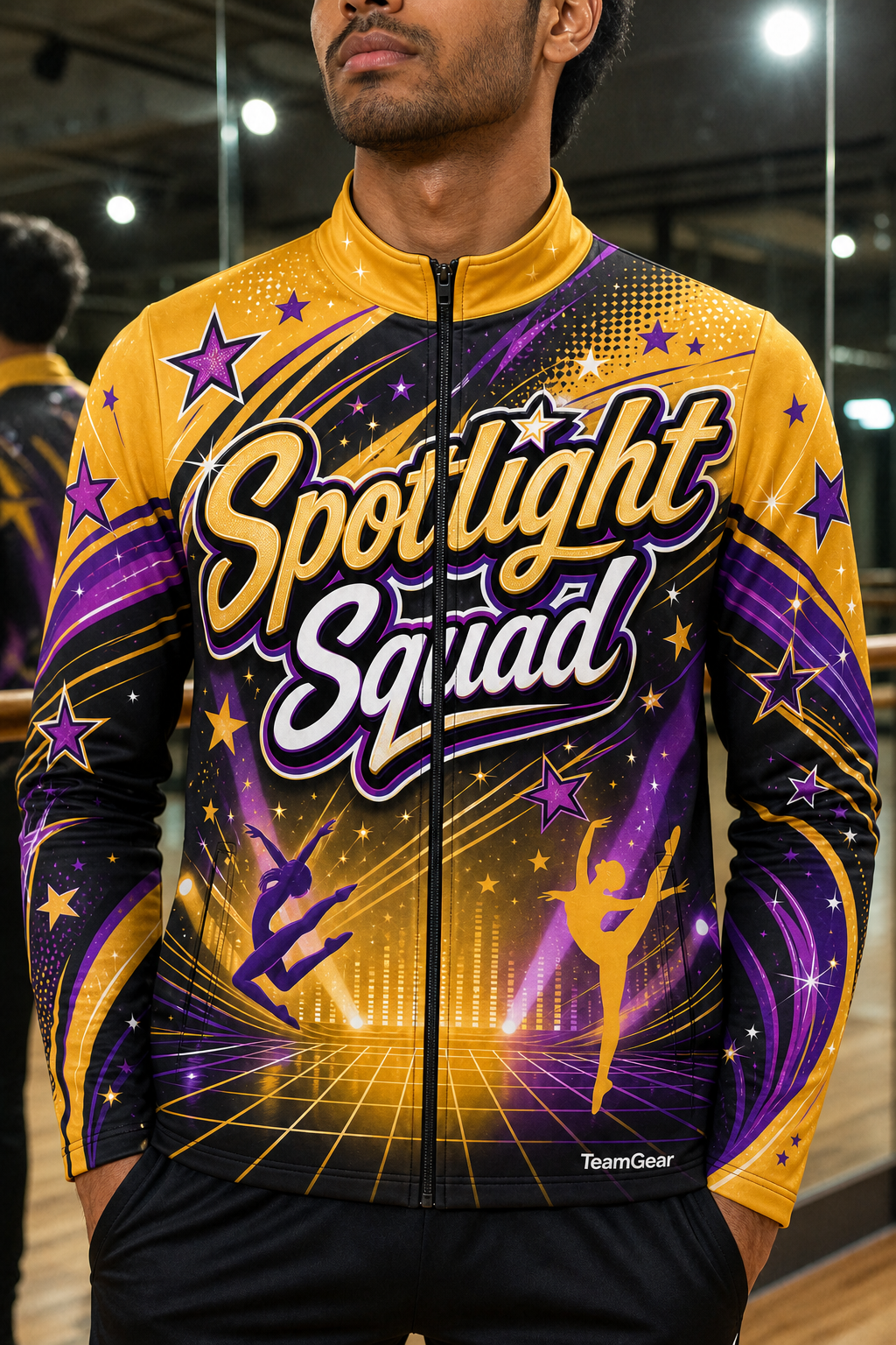 Spotlight Squad Gold Dance Jacket — custom dance jacket worn on model — TeamGear Canada