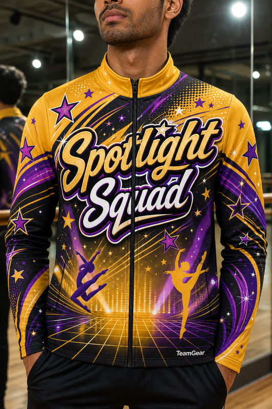 Spotlight Squad Gold Dance Jacket — custom dance jacket worn on model — TeamGear Canada