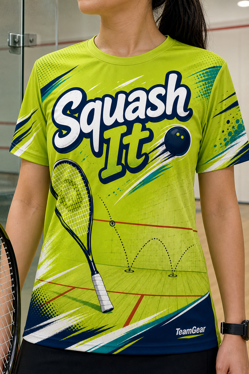 Squash It Lime Squash Jersey — custom squash jersey worn on model — TeamGear Canada