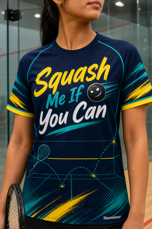 Squash Me If You Can Navy Squash Jersey — custom squash jersey worn on model — TeamGear Canada