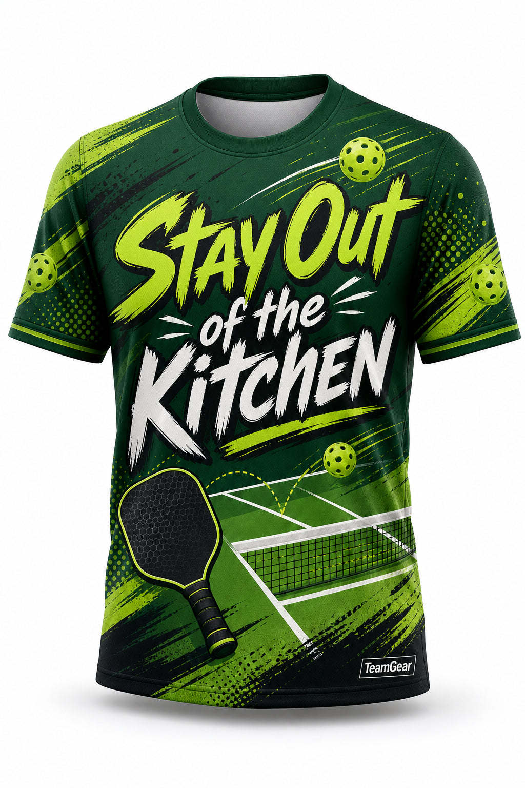 Stay Out of the Kitchen Green Pickleball Jersey - front and back view