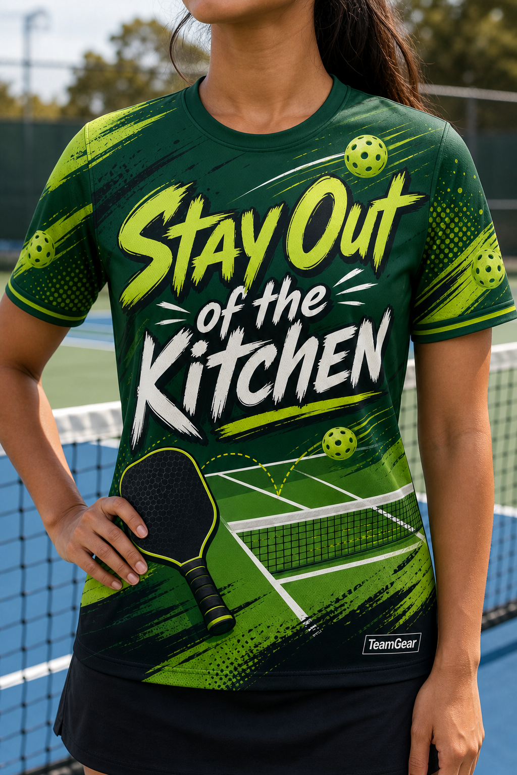 Stay Out of the Kitchen Green Pickleball Jersey — custom pickleball jersey worn on model — TeamGear Canada