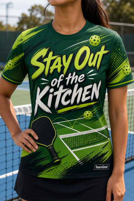 Stay Out of the Kitchen Green Pickleball Jersey — custom pickleball jersey worn on model — TeamGear Canada
