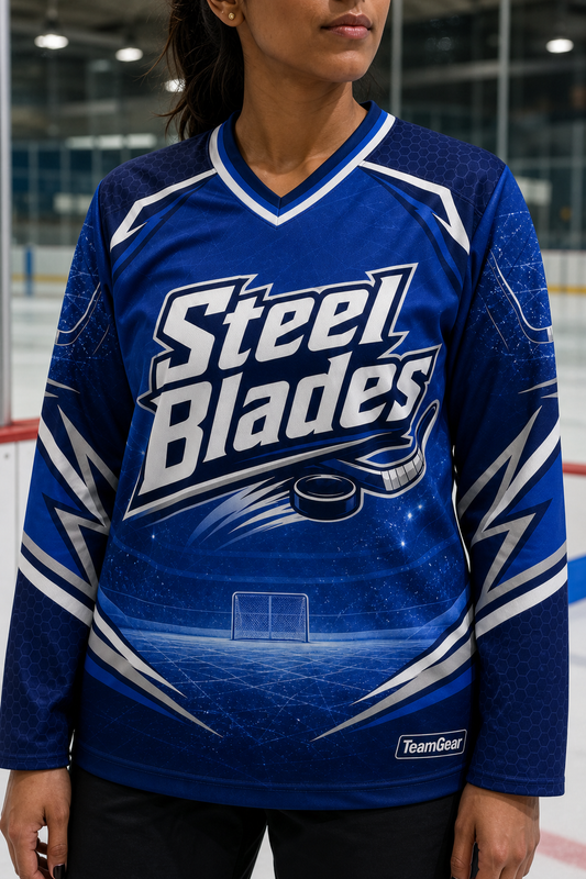 Steel Blades Blue Hockey Jersey — custom hockey jersey worn on model — TeamGear Canada