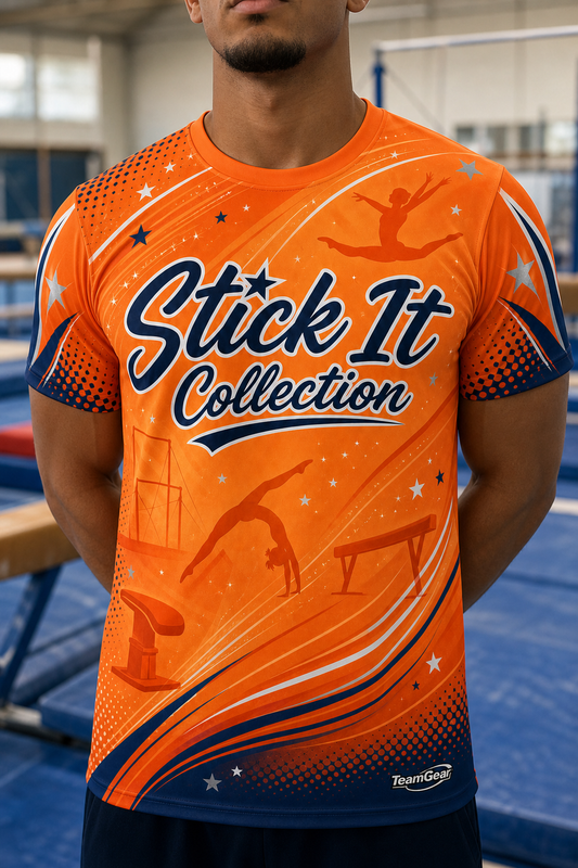 Stick It Collection Orange Gymnastics Jersey — custom gymnastics jersey worn on model — TeamGear Canada