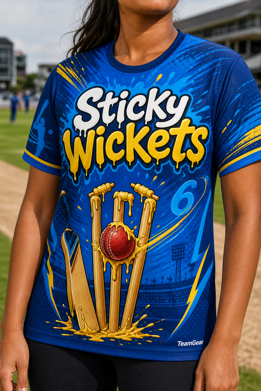 Sticky Wickets Blue Cricket Jersey — custom cricket jersey worn on model — TeamGear Canada