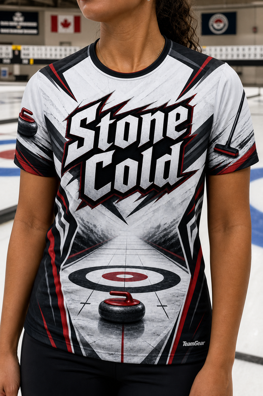 Stone Cold White Curling Jersey — custom curling jersey worn on model — TeamGear Canada