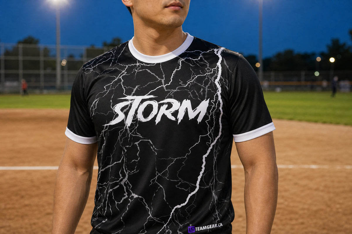 Storm Black Softball Jersey — custom softball jersey worn on model — TeamGear Canada