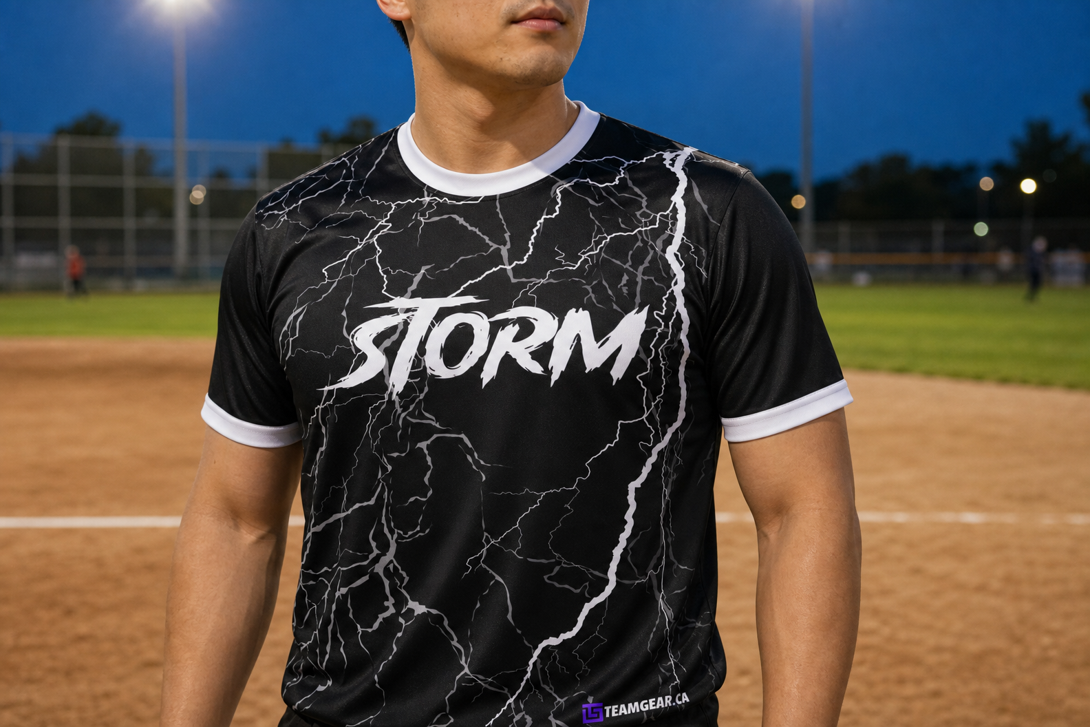 Storm Black Softball Jersey — custom softball jersey worn on model — TeamGear Canada