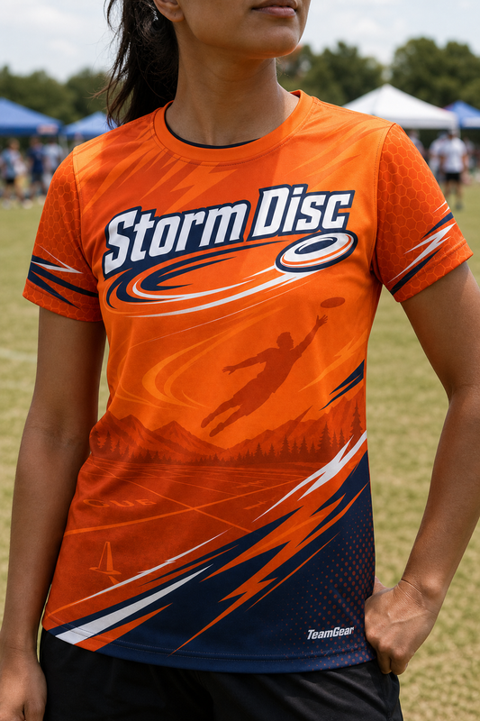 Storm Disc Orange Ultimate Frisbee Jersey — custom ultimate frisbee jersey worn on model — TeamGear Canada