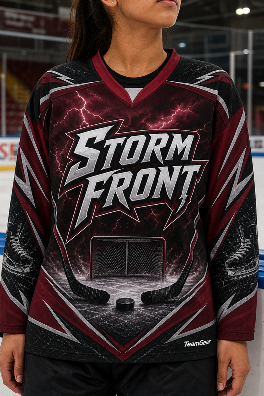 Storm Front Maroon Hockey Jersey — custom hockey jersey worn on model — TeamGear Canada