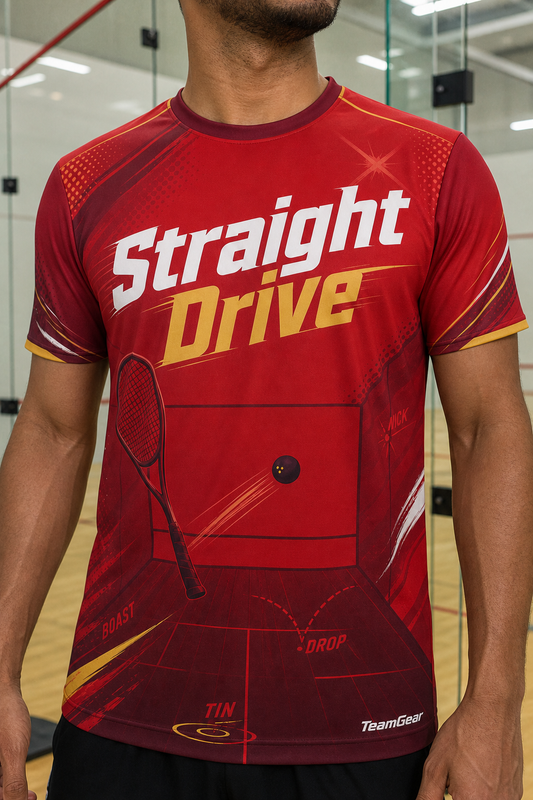Straight Drive Crimson Squash Jersey — custom squash jersey worn on model — TeamGear Canada