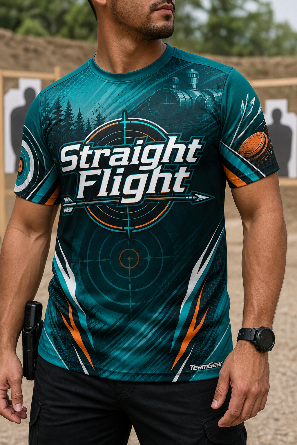 Straight Flight Teal Shooting Jersey — custom shooting jersey worn on model — TeamGear Canada