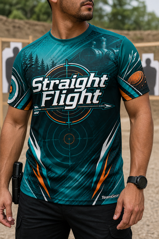 Straight Flight Teal Shooting Jersey — custom shooting jersey worn on model — TeamGear Canada