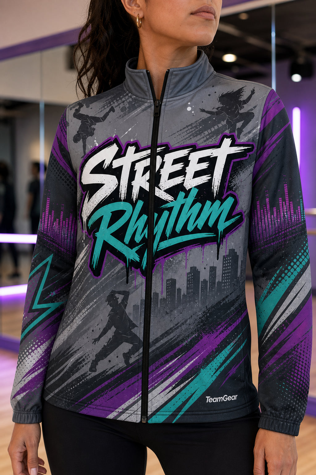 Street Rhythm Grey Dance Jacket — custom dance jacket worn on model — TeamGear Canada