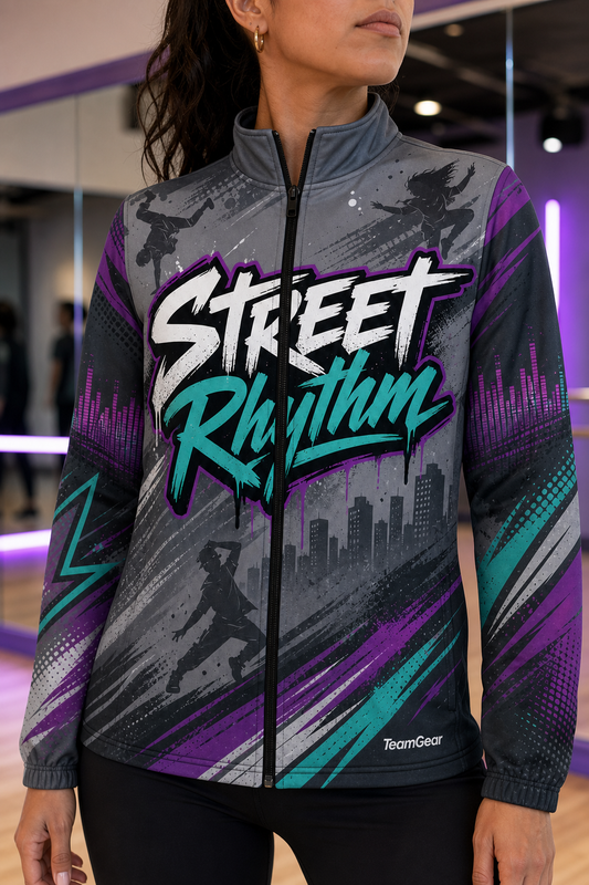 Street Rhythm Grey Dance Jacket — custom dance jacket worn on model — TeamGear Canada