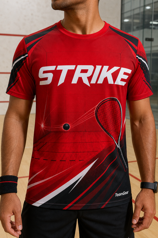 STRIKE Red Racquetball Jersey — custom racquetball jersey worn on model — TeamGear Canada