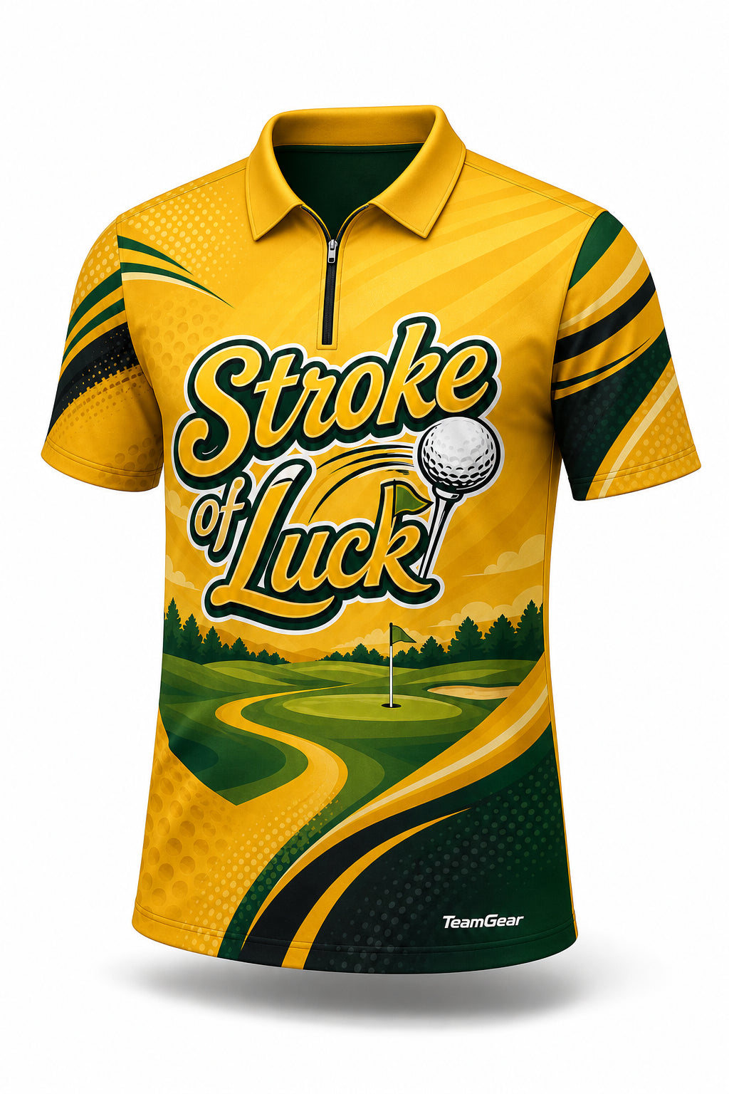 Stroke of Luck Gold Golf Polo - front and back view